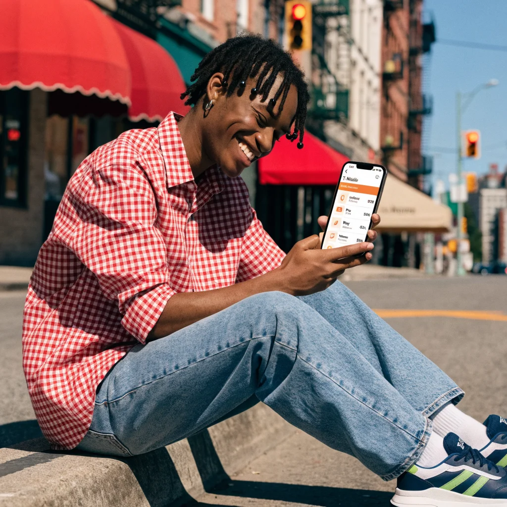 A smiling person using a smartphone displaying T-Mobile's T-Mix mobile plans menu in the United States.