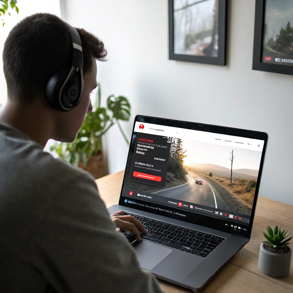 A realistic photo of a person watching YouTube on a laptop with an AI-powered auto speed adjustment interface improving video playback experience.