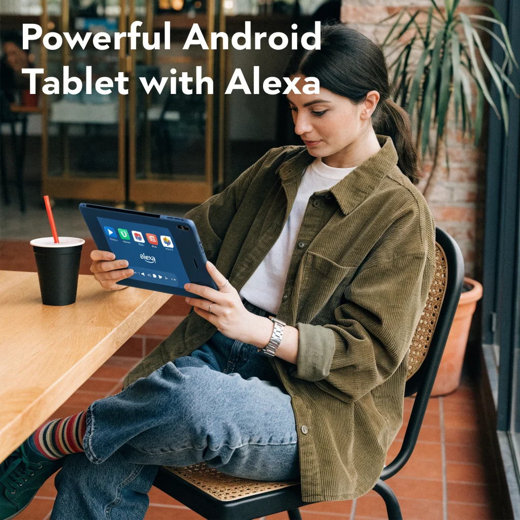 A high-performance Android tablet with touchscreen, featuring Alexa, being used as a portable smart device in everyday technology settings.