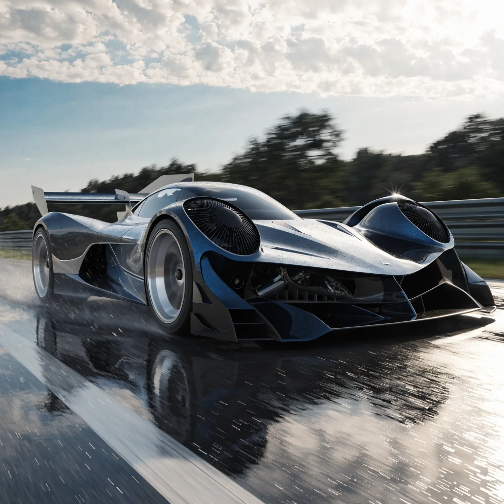 A futuristic electric sports car inspired by Tesla Roadster and 1978 Formula 1 designs, showcasing advanced aerodynamic downforce fans and suction systems on a racetrack.