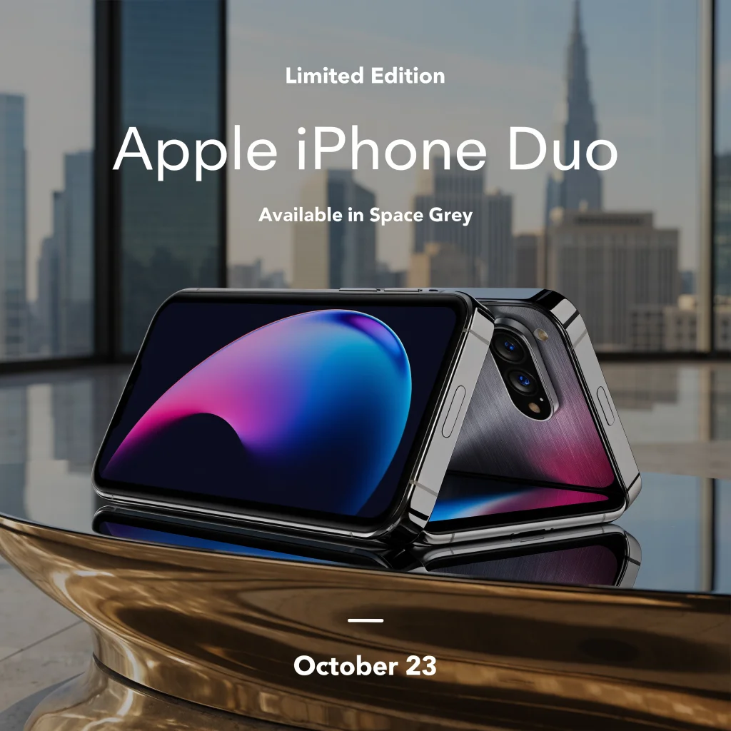 A realistic photo of the limited-edition Apple iPhone Duo with a foldable screen displayed on a sleek surface, highlighting innovation and the October 23 release date.