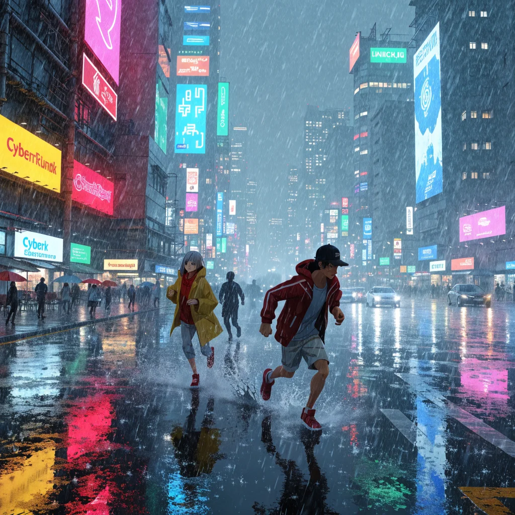 A vibrant, neon-lit scene of Night City at night showcasing Cyberpunk Edgerunners characters animated by Studio Trigger in a dystopian cyberpunk style.