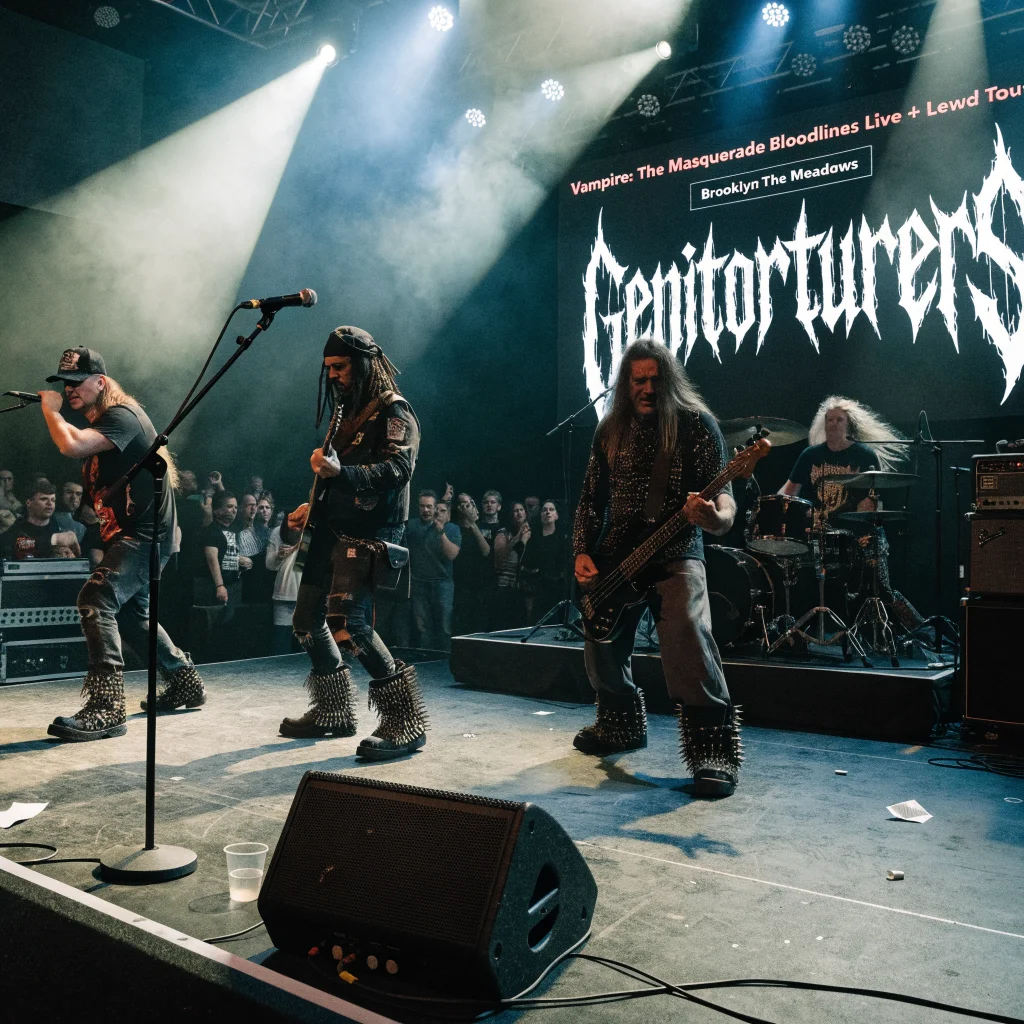 A live concert photo of Genitorturers performing at Brooklyn The Meadows during the Vampire: The Masquerade Bloodlines Live + Lewd Tour.