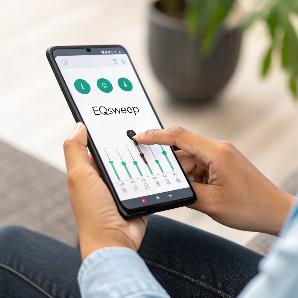 A person adjusting the EQSweep app equalizer settings on an Android phone to optimize Pixel Buds sound quality with customized frequency control.