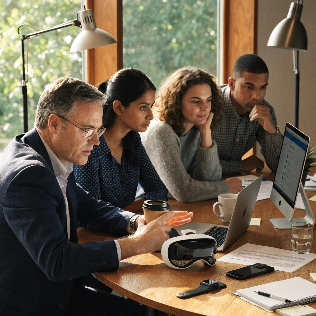 Scott Tucker, global director of litigation, collaborates with Apple's legal team surrounded by Apple Vision Pro, iPhone 17, MacBook Pro, Mac Studio, and Apple Watch Ultra.