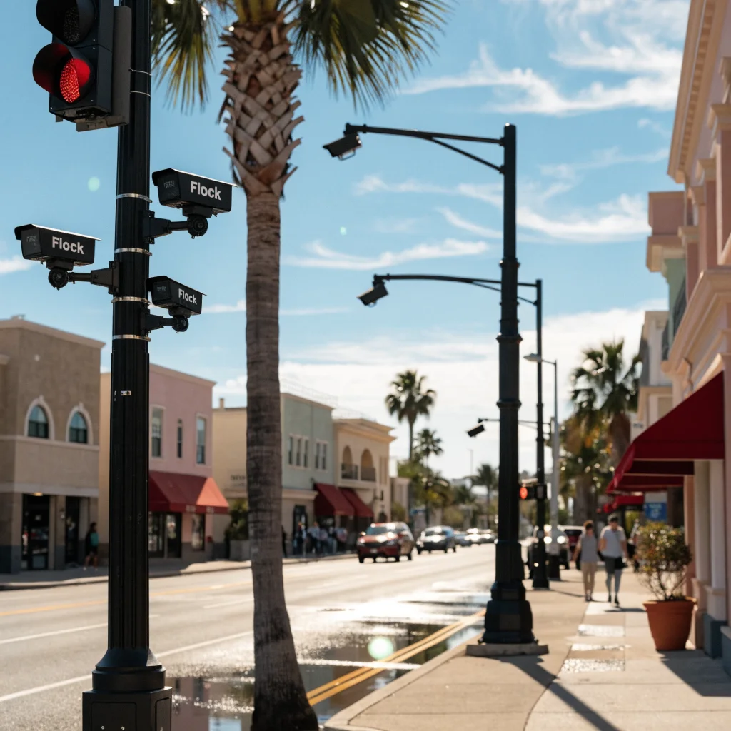 A realistic photo showing a public street in St. Lucie County, Florida, with Flock surveillance cameras installed without permits, causing residents' privacy concerns.