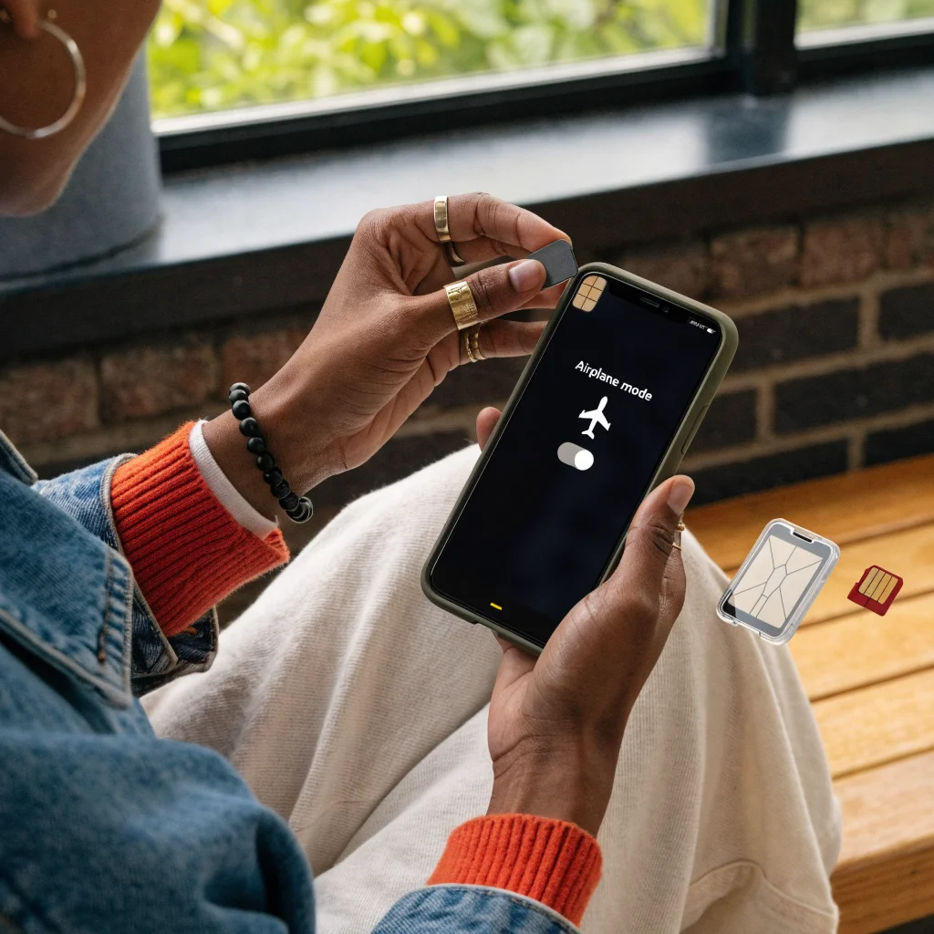 A person carefully removing a SIM card from a smartphone with airplane mode enabled, showing a protective SIM card case and microSD slot nearby.
