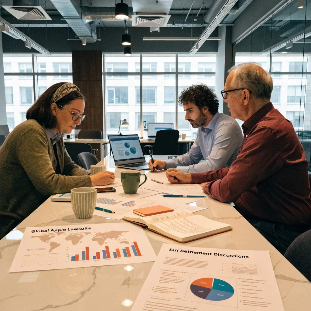 A professional legal team in a modern office reviewing documents about global Apple lawsuits and Siri settlement discussions.