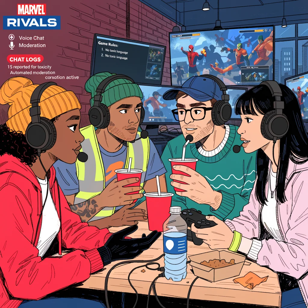 A diverse group of gamers discussing toxic behavior policies while playing Marvel Rivals online with voice chat and moderation features.