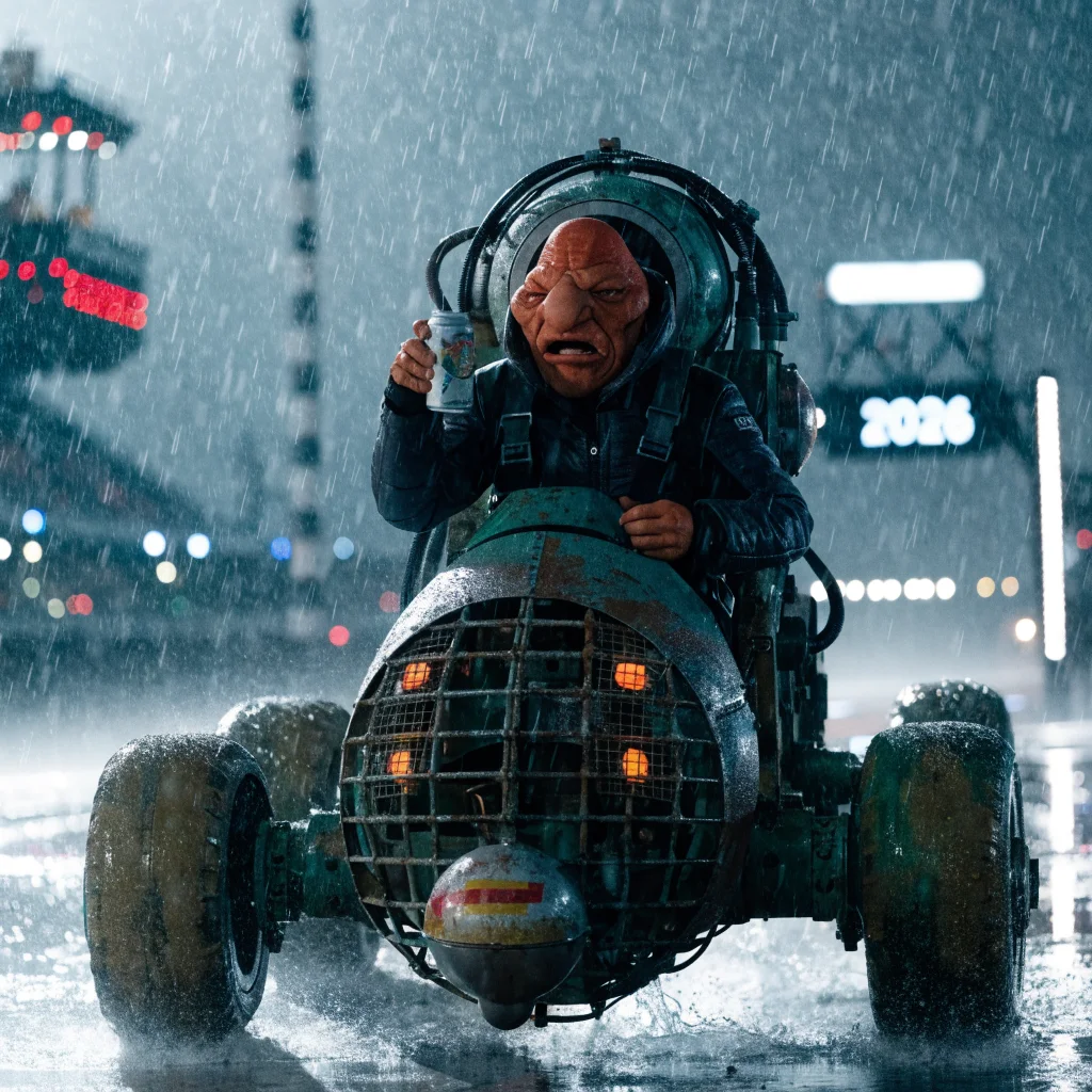 A realistic photo of Biddy Blas, a Star Wars Galactic Racer character, delivering witty Huttese quips during a 2026 pod racing game.