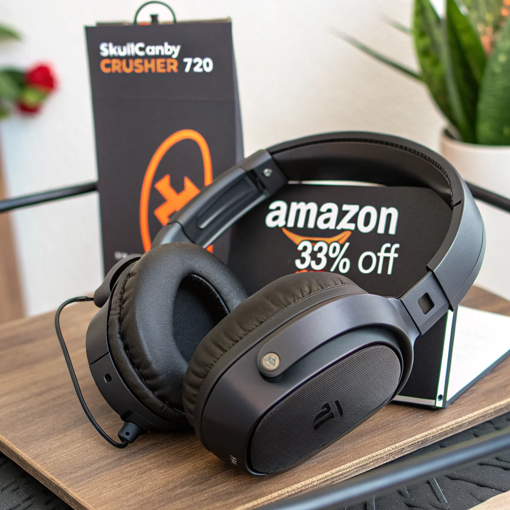 Close-up of Skullcandy Crusher 720 headphones resting on a table with Amazon discount tag showing 33% off and battery life details.