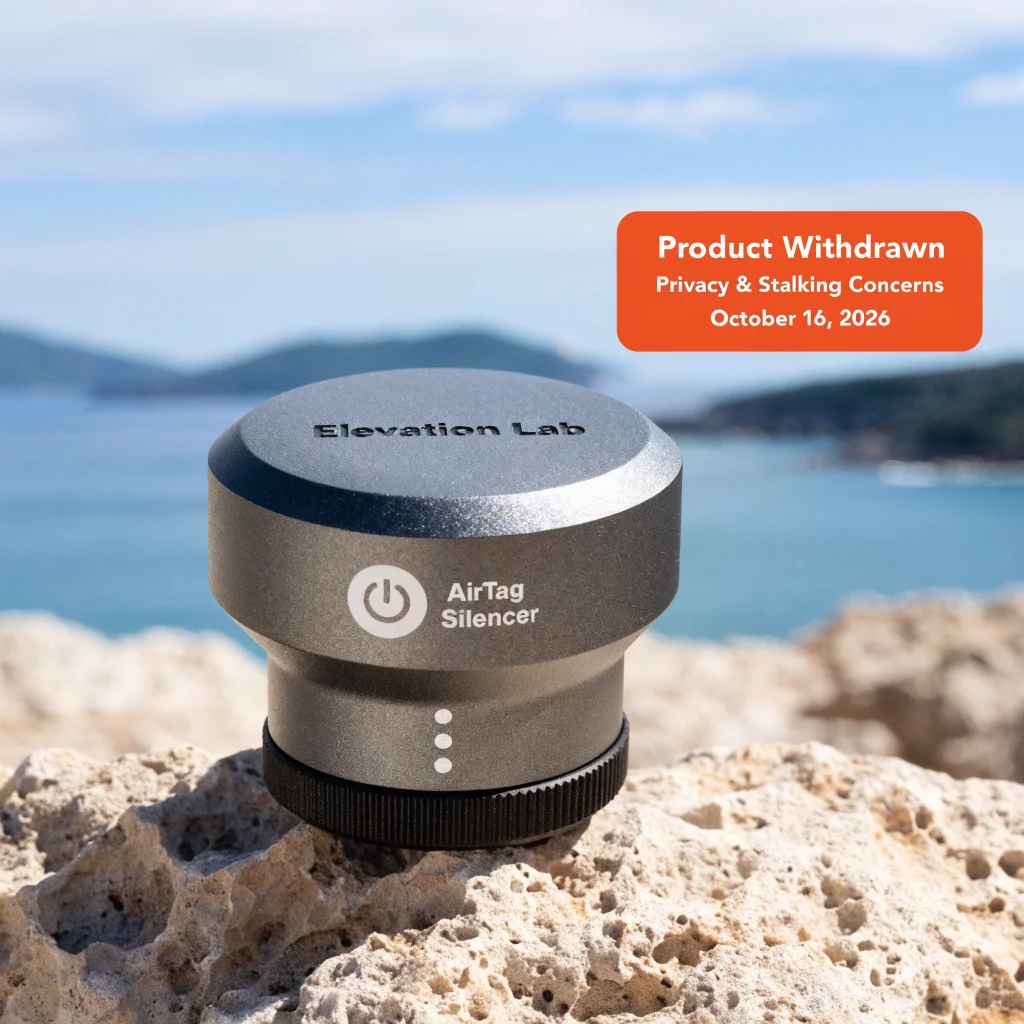 Photo of an Elevation Lab AirTag Silencer with a withdrawal notice highlighting privacy and stalking concerns, dated October 16, 2026.