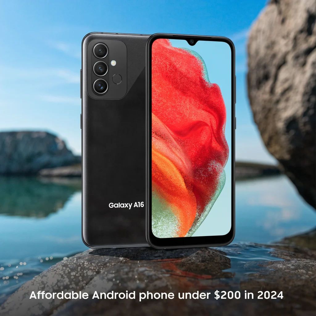 A realistic photo of a Samsung Galaxy A16 smartphone showcasing its screen and design, highlighting an affordable Android phone under $200 in 2024.