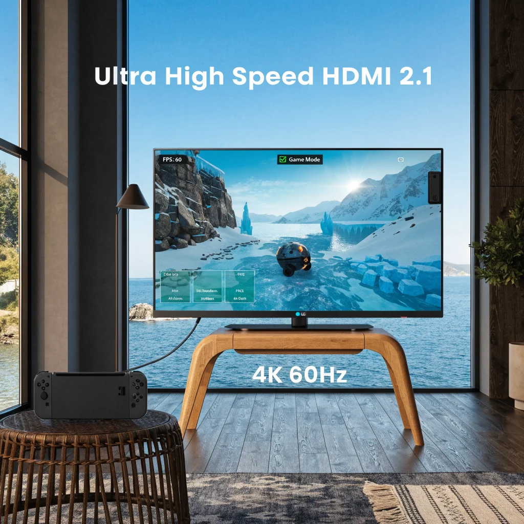 A Nintendo Switch 2 console connected via Ultra High Speed HDMI 2.1 to an LG OLED TV displaying 4K 60Hz video with game mode settings enabled.
