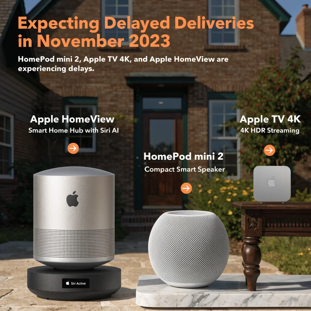 A silver Apple HomeView smart home hub with Siri AI, alongside HomePod mini 2 and Apple TV 4K, highlighting November 2023 delivery delays.