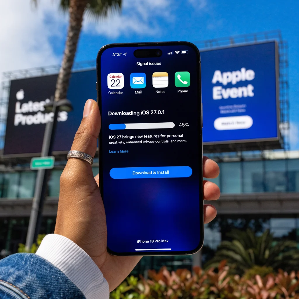 A close-up photo of an iPhone 18 Pro Max displaying an iOS 27.0.1 update screen, with visible AT&T signal issues and a background showing Apple event banners.
