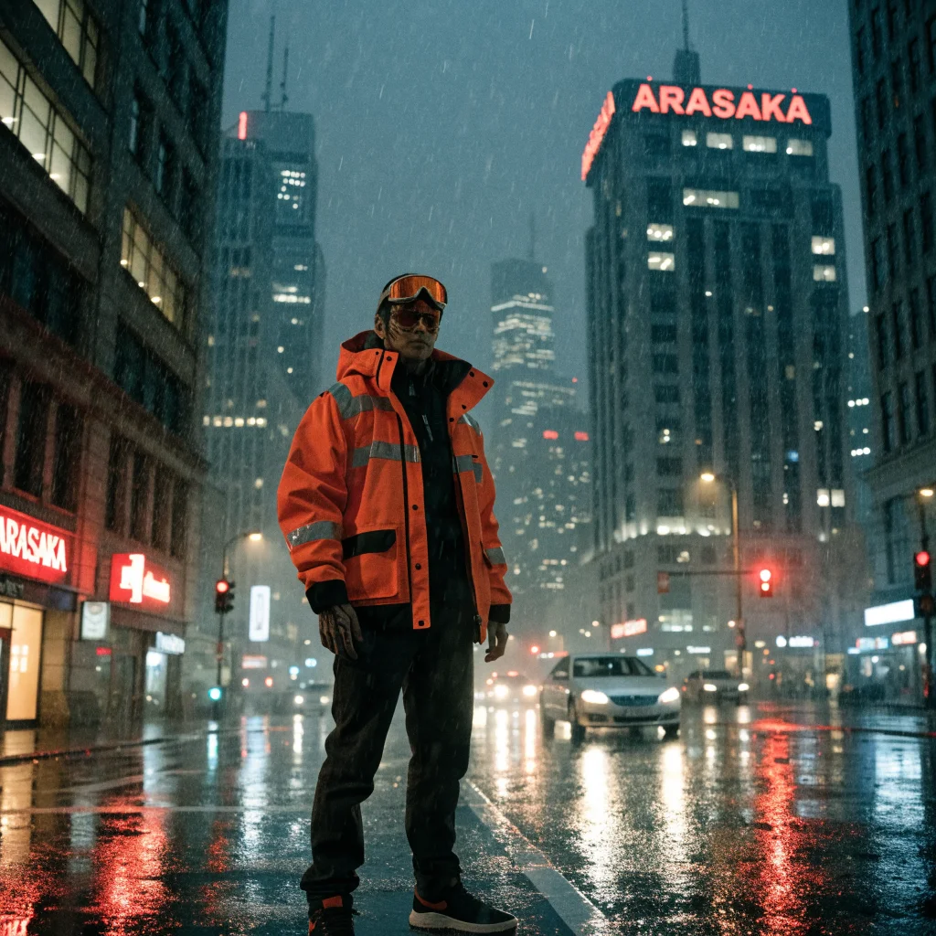 A realistic photo of David from Cyberpunk Edgerunners season 1 standing in Night City near Arasaka headquarters with neon cyberpunk elements.