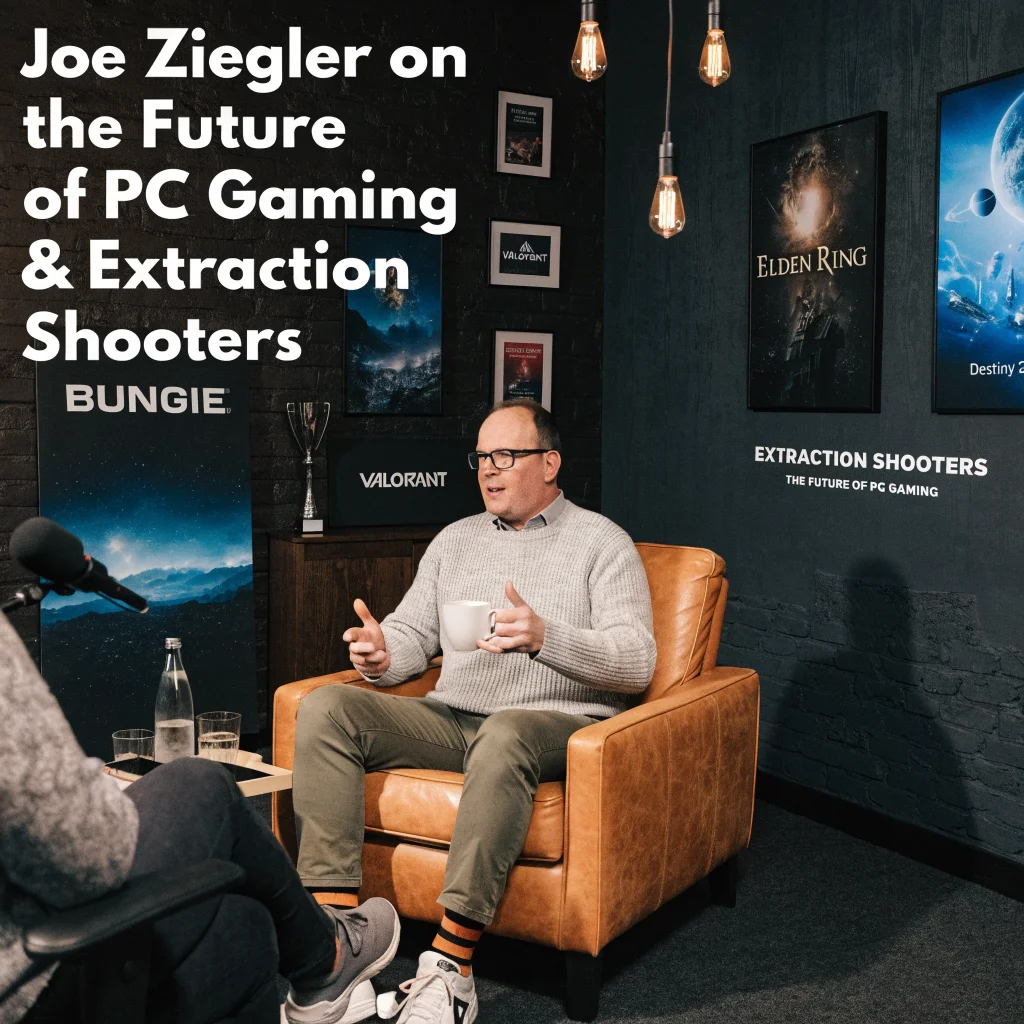 Joe Ziegler discussing the future of PC gaming and extraction shooters with visuals of Bungie, Valorant, Elden Ring, Destiny 2 in a modern gaming studio.