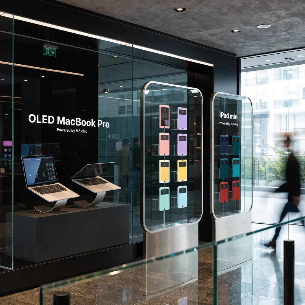 A sleek Apple store display showcasing the new OLED MacBook Pro and iPad mini with touchscreens, highlighting the latest M6 chip technology.
