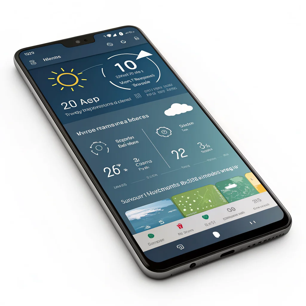 A realistic photo of an Android smartphone displaying an open-source weather app with Material 3 design, showing 10-day forecasts, real-time AQI, UV Index, and rain radar.