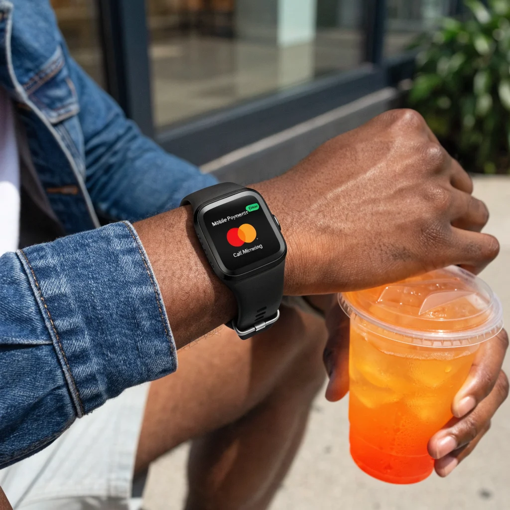 A realistic photo of a Fitbit Charge 6 health tracker displaying mobile payment and call mirroring features on its screen.