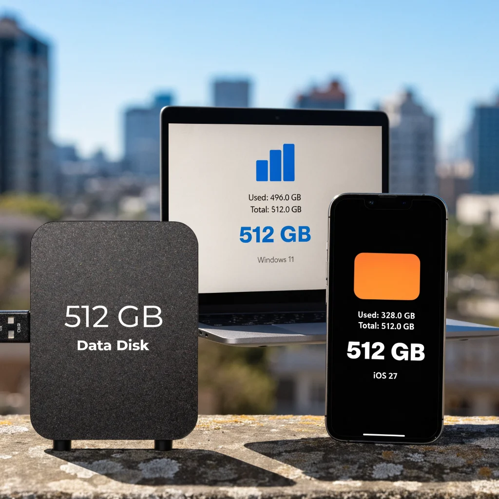 A realistic photo showing a 512GB disk drive next to Windows 11 and iOS 27 storage screens highlighting differences in consumer storage capacity.