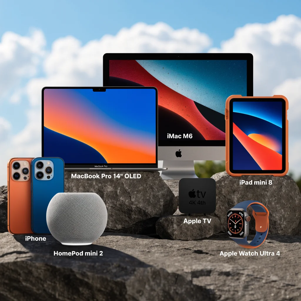 A sleek arrangement of the latest Apple products including iPhone Duo, HomePod mini 2, MacBook Pro 14" OLED, iMac M6, iPad mini 8, Apple TV 4K 4th gen, and Apple Watch Ultra 4.