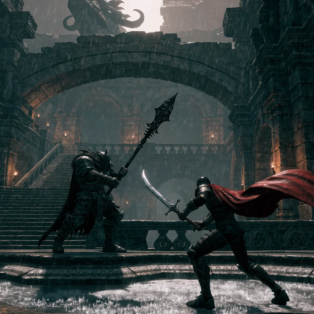 A detailed screenshot of Dark Souls 2 showing the Undead Crypt level and the complex combat system in action.
