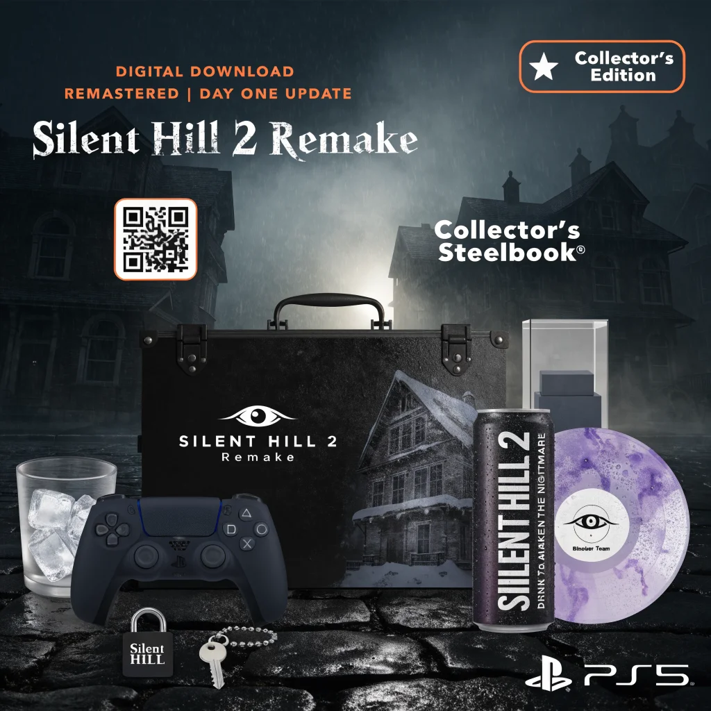 A detailed collection of horror game physical and digital editions including Silent Hill 2 Remake by Bloober Team featured in an elegant gaming display.