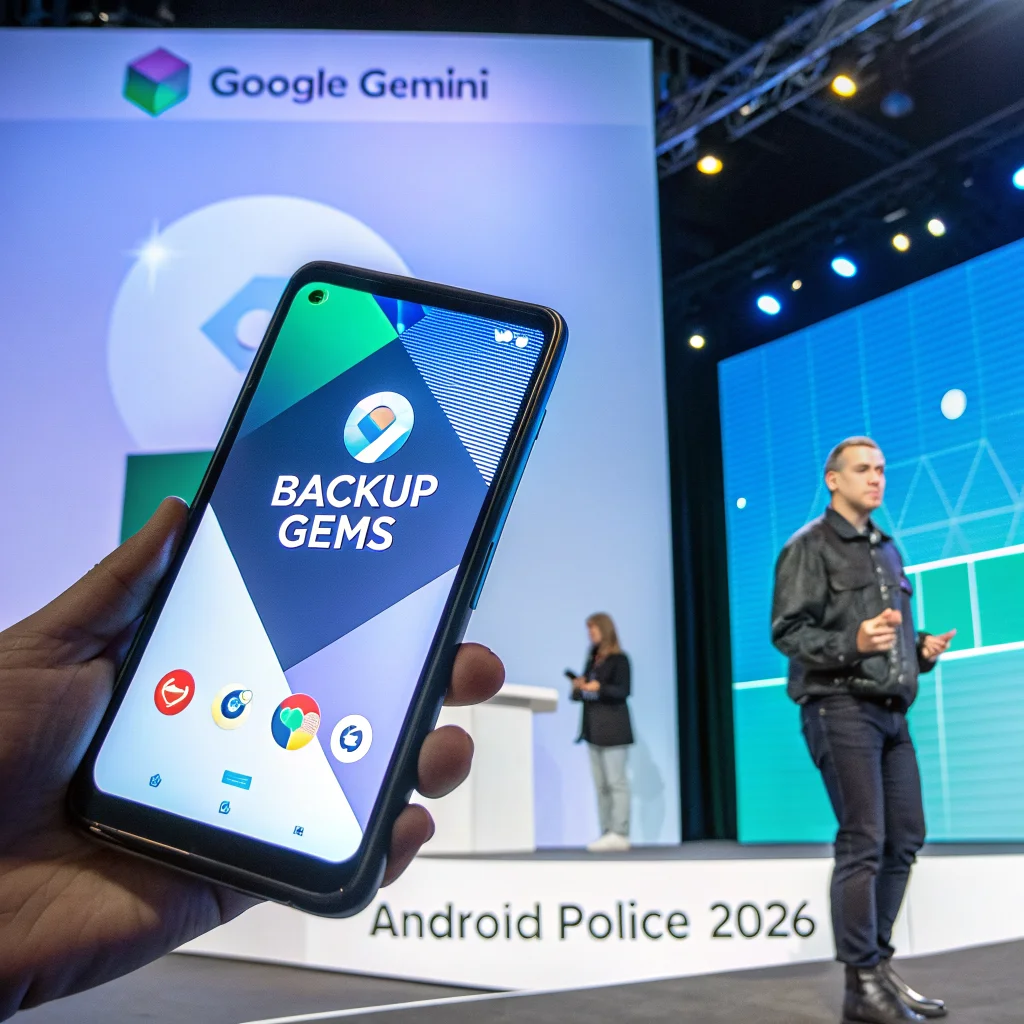 A realistic photo of a smartphone displaying Google Gemini's new features, including multiple conversational skills and Backup Gems, with Android Police 2026 branding in the background.