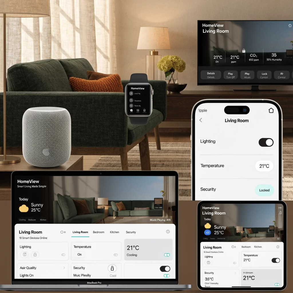 A sleek modern living room with Apple HomeView controlling smart home devices displayed on a MacBook Pro, iPhone 17, Apple Watch Series 12, HomePod, Apple TV 4K, and iPad Pro.