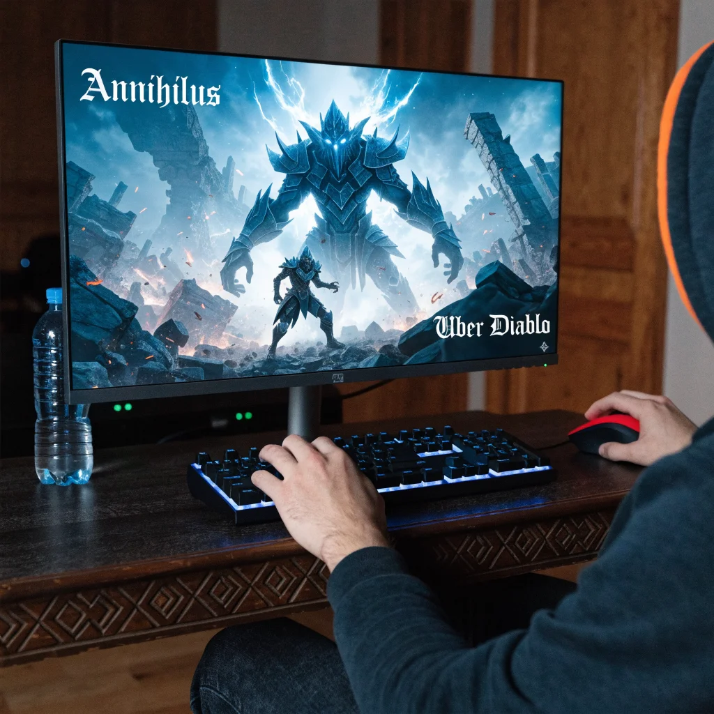 A realistic photo of a gamer’s hands playing Diablo 4 on a PC with a screen showing Diablo 2 and Diablo 4 elements like Annihilus and Uber Diablo bosses.