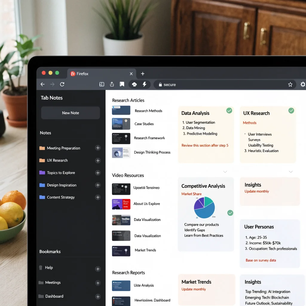 A realistic photo of a Mac screen displaying Firefox's Tab Notes feature organizing tabs and notes for web research.