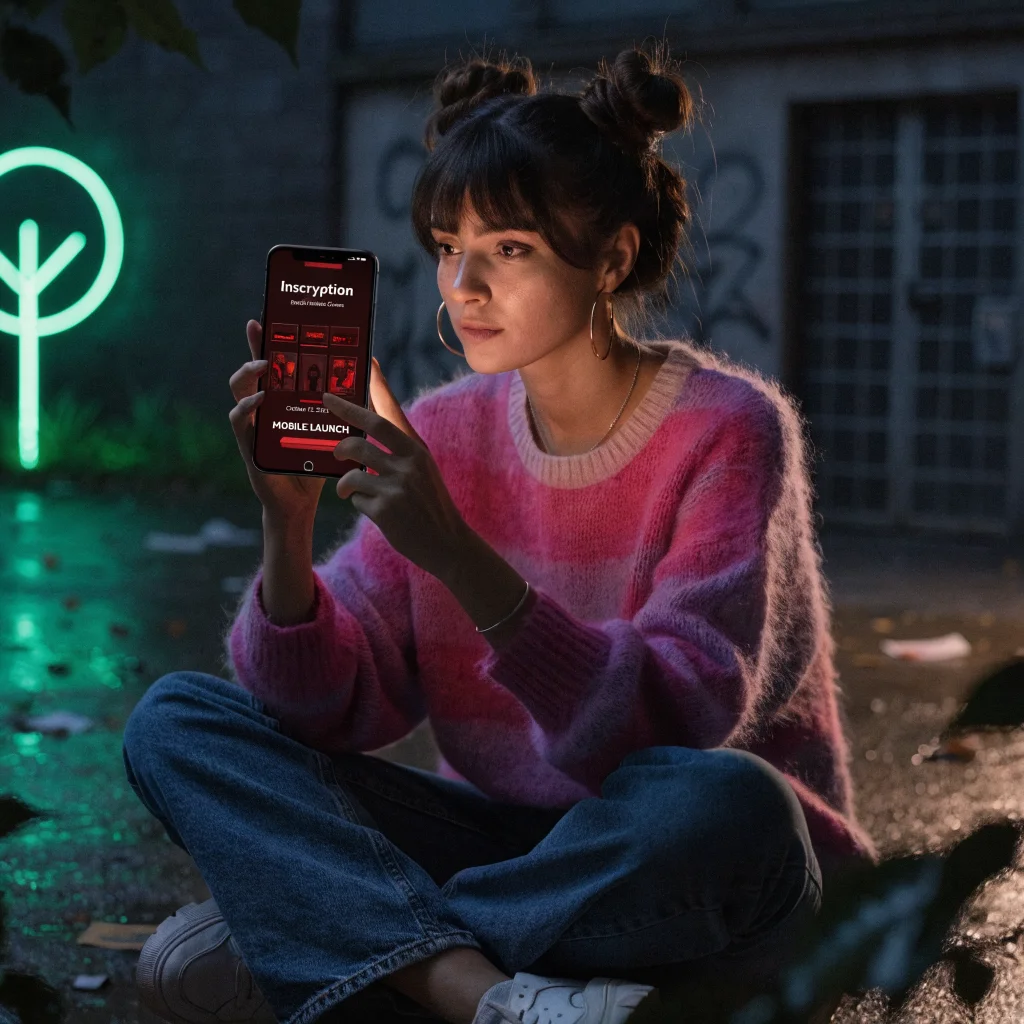 A realistic photo of a smartphone displaying the horror card game Inscryption by Daniel Mullins Games, highlighting its mobile launch on October 18, 2026.