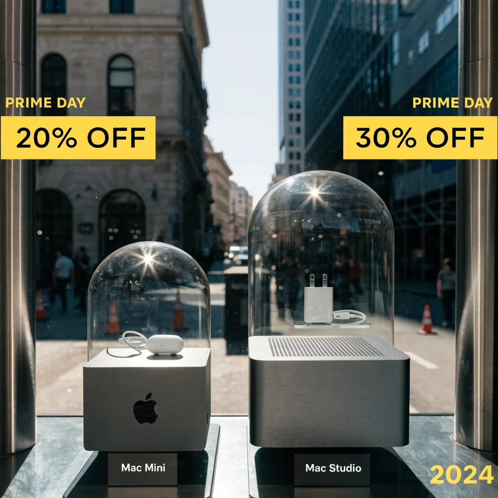 A realistic photo of Apple Mac Mini and Mac Studio computers displayed with Amazon Prime Day discount banners in a Greek electronics store in 2024.