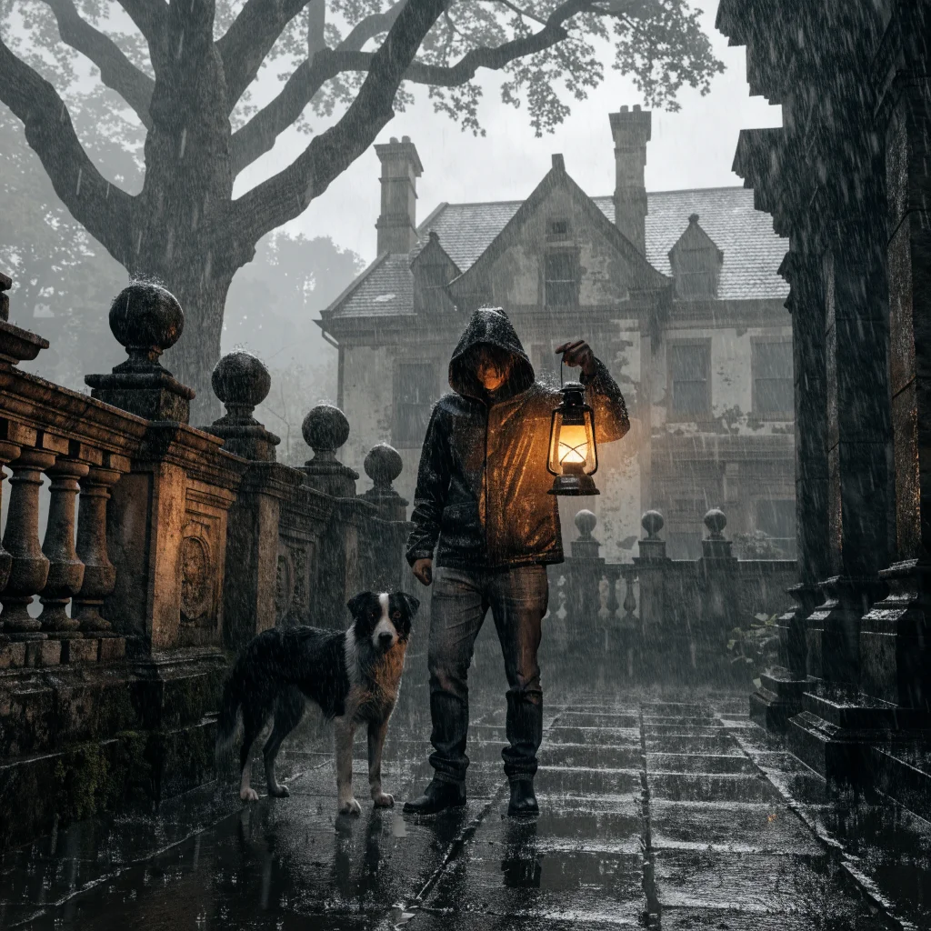 Realistic photo of a PS1-style survival horror game scene featuring character Bryan and a dog, inspired by Resident Evil, developed using Godot engine.