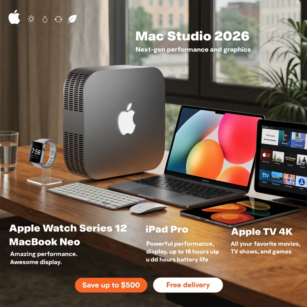 A sleek Apple Mac Studio 2026 on a modern desk with promotional discount tags next to Apple Watch Series 12, MacBook Neo, iPad Pro, and Apple TV 4K devices.