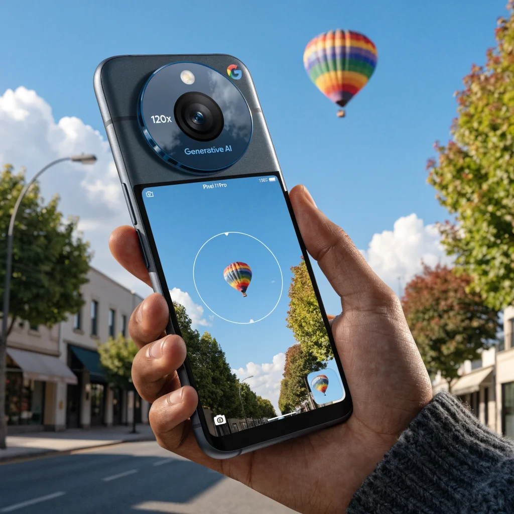 A close-up photo of the Google Pixel 11 Pro smartphone showcasing its advanced 120x telephoto zoom camera with generative AI technology.