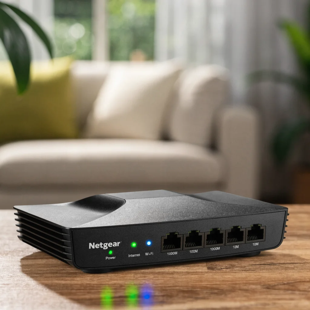 Close-up photo of a Netgear router showing clearly the LED status lights for power, Internet connection, Wi-Fi, USB 3.0, and Ethernet port speed.