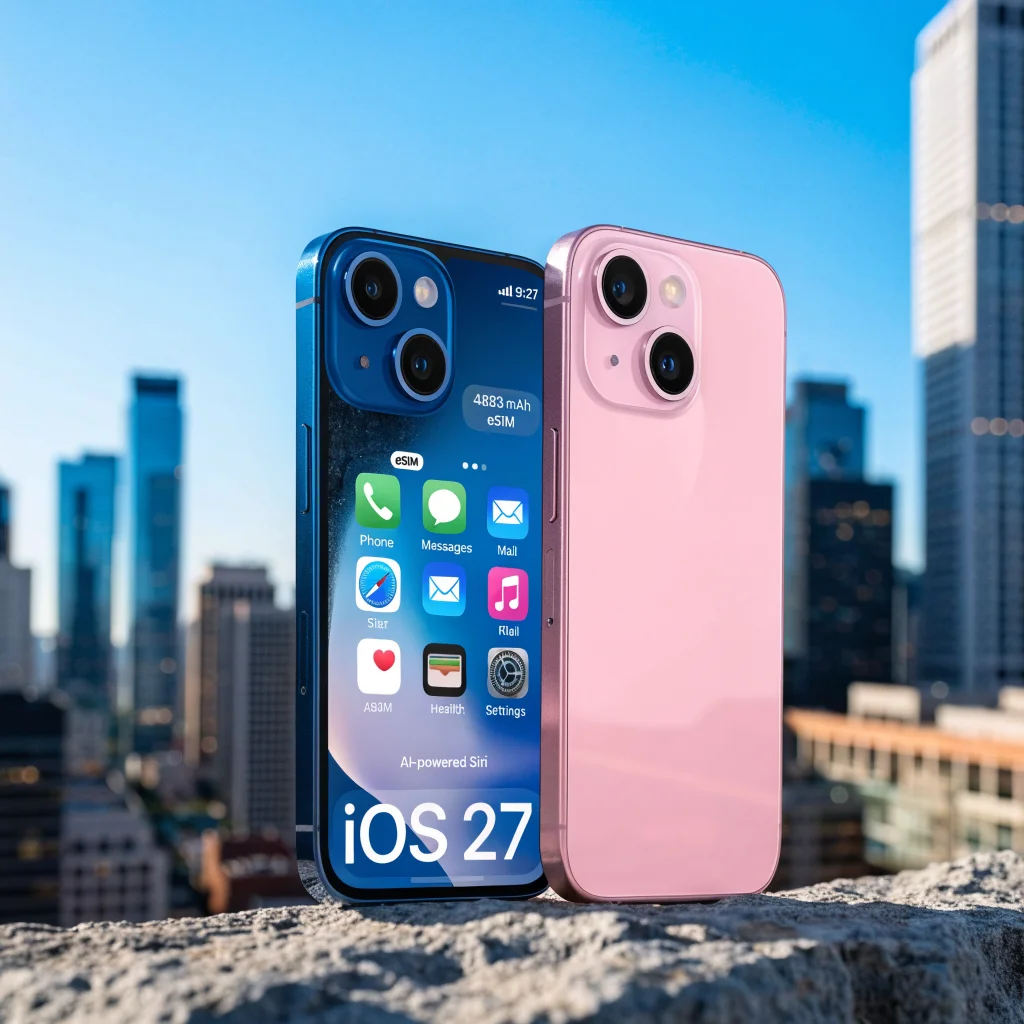 A close-up photo of the Apple iPhone Duo showcasing its 4883 mAh battery capacity, eSIM feature, and iOS 27 interface with AI-powered Siri support.