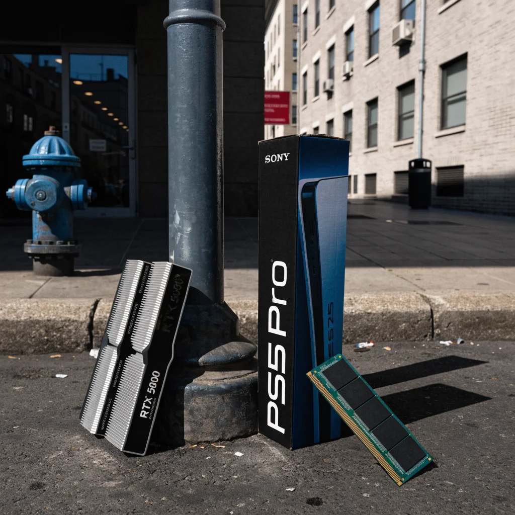 A realistic photo of a Sony PS5 Pro box, RTX 5090 graphics cards, and a computer memory module displayed together, highlighting hardware market challenges.