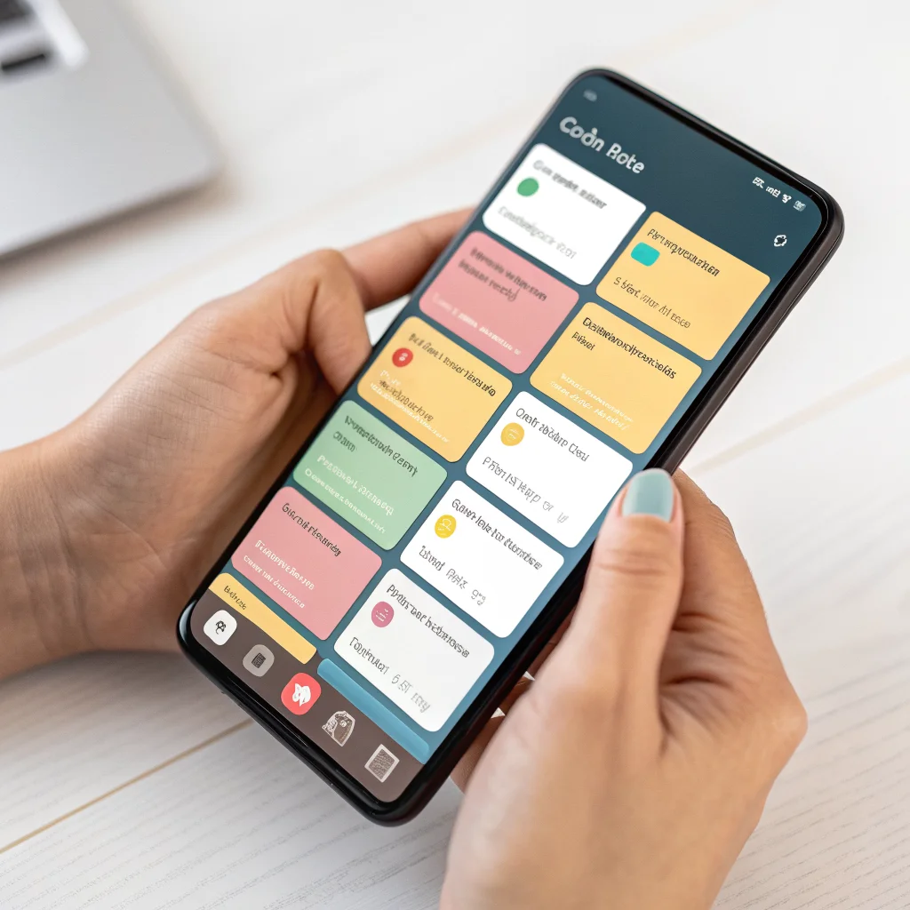 A person organizing colorful Google Keep notes with custom labels and widgets on a smartphone for improved daily note management.