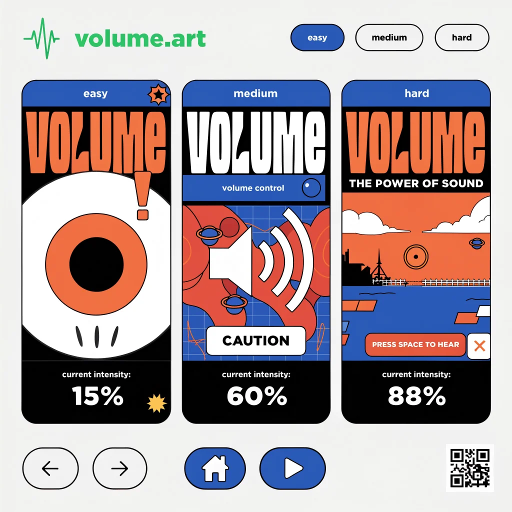 A modern computer screen displaying the volume.art browser game with multiple intensity minigames and playful references to WarioWare, STALKER, and Elder Scrolls Oblivion.