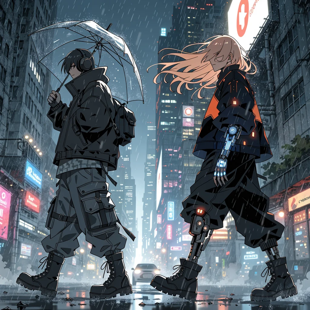 A detailed anime-style digital artwork of Cyberpunk Edgerunners 2 characters exploring Night City with neon lights and futuristic cyberware.