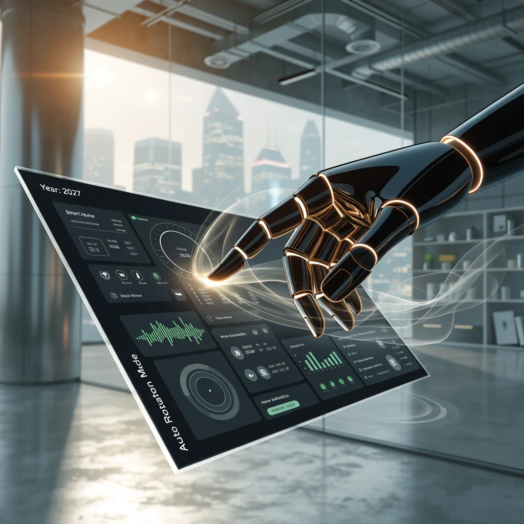 A sleek robotic hand interacts with a touchscreen controlling a smart home interface featuring voice recognition and automatic rotation, showcasing futuristic 2027 technology.