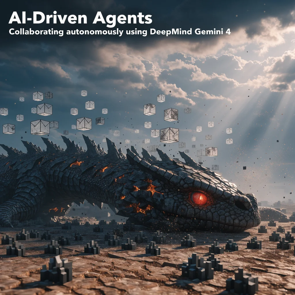 A realistic photo of an AI-driven Minecraft game screen showing the Ender Dragon defeated by autonomous AI agents collaborating using DeepMind Gemini 4 technology.