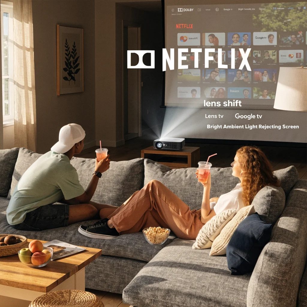 A modern Google TV projector with bright ambient light-rejecting screen, Dolby sound, lens shift feature, and displaying Netflix in a living room setting.
