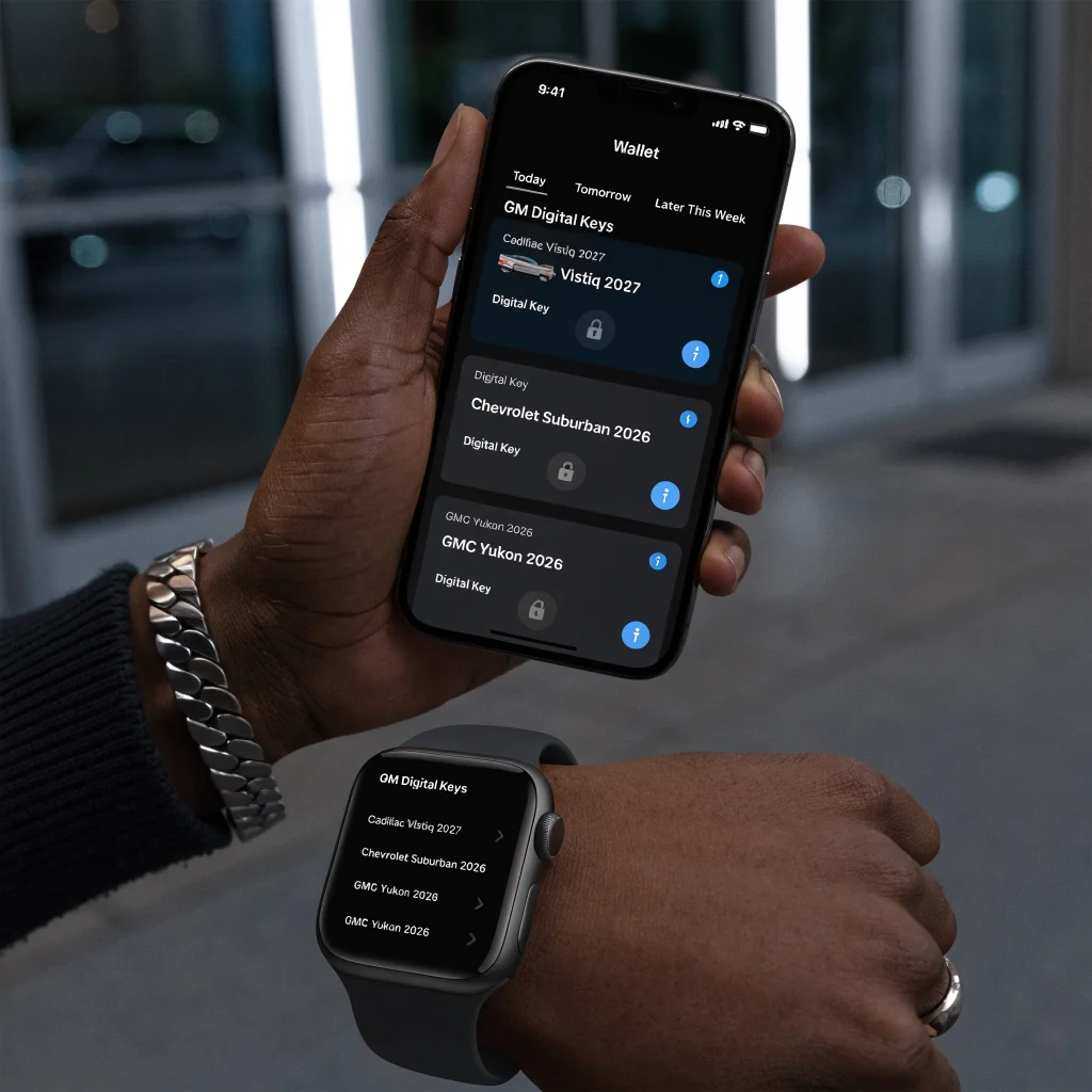 Close-up photo of an iPhone 11 and Apple Watch Series 6 displaying GM digital car keys for Cadillac Vistiq 2027, Chevrolet Suburban 2026, and GMC Yukon 2026 in Apple Wallet.