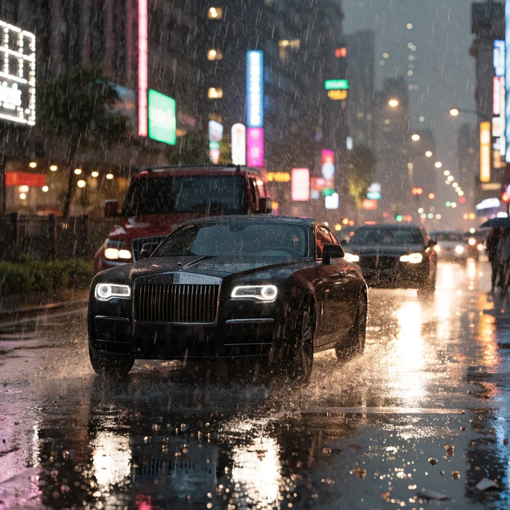 A realistic nighttime cityscape photo featuring luxurious cars and vibrant neon lights inspired by GTA 6 atmosphere merged with Roblox Nightshift game elements.