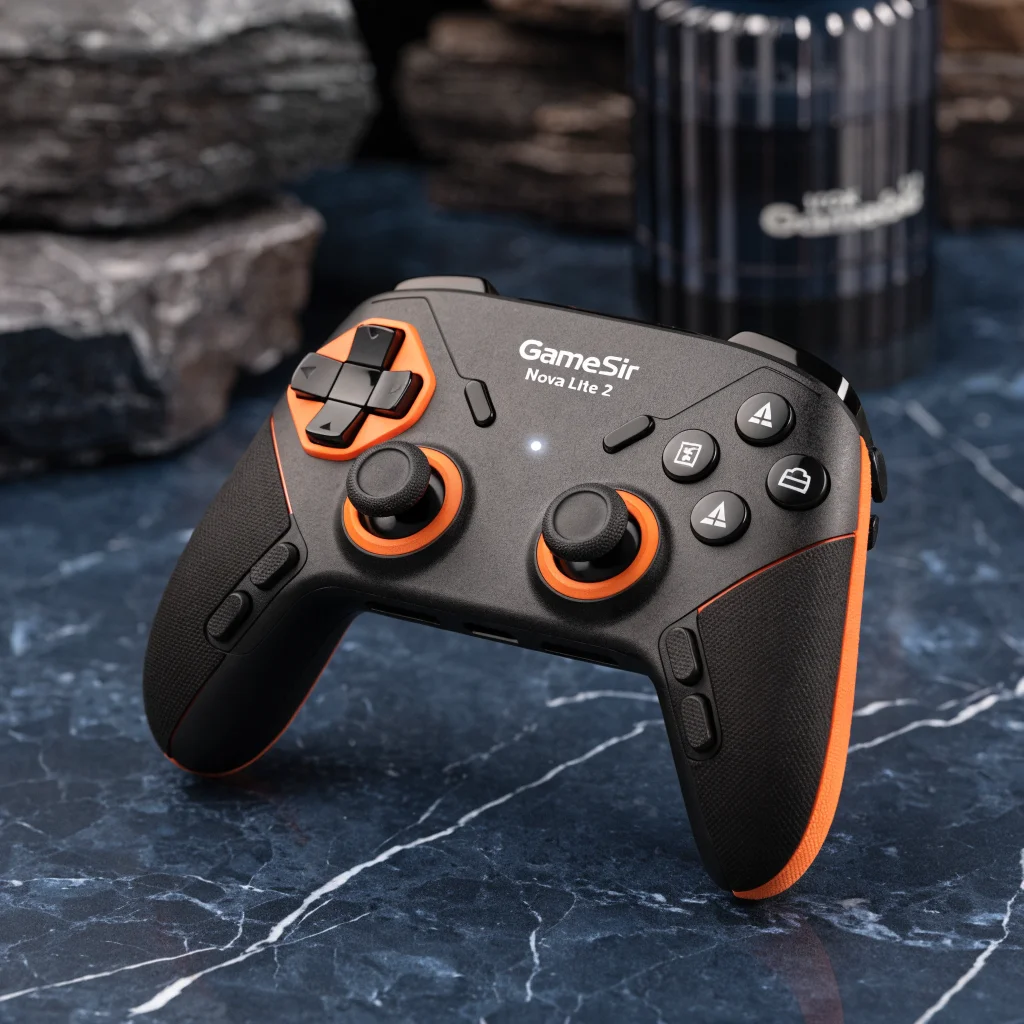 A close-up photo of the GameSir Nova Lite 2 wireless budget gamepad showing mechanical D-pad, Hall effect sticks, programmable back buttons, and 2.4 GHz wireless connectivity.